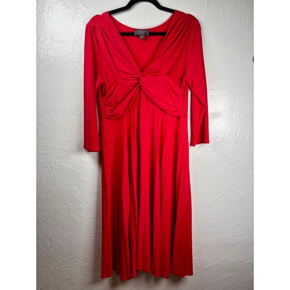 Liz Claiborne Red Twist Front Ruched‎ V-Neck Midi Dress Size 12 Romantic Holiday